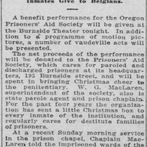 The second article from the Morning Oregonian detailing the benefit show at the Burnside Theater for the Prisoners' Aid Society