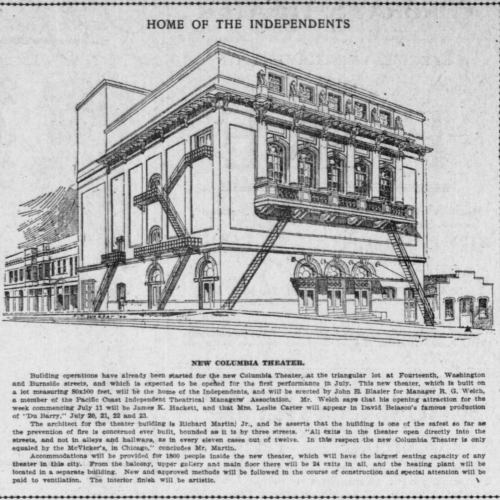 Advertisement highlighting the architecture and accommodations of the renovated Columbia Theater.