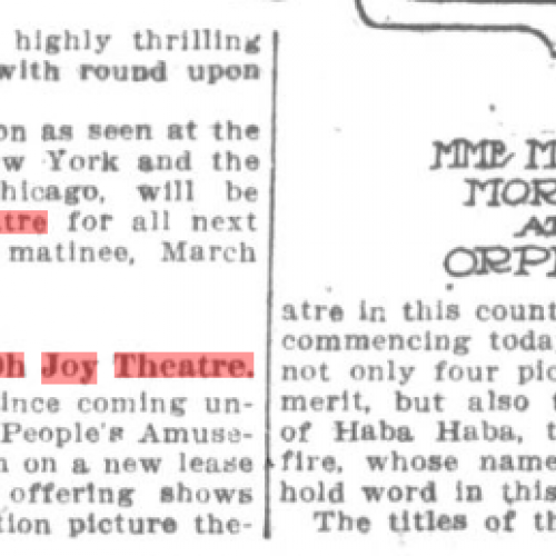 Oregon Daily Journal. Habba Habba and three other films. March 6th, 1910. P. 1. 