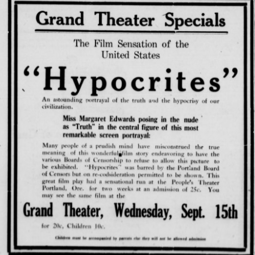 Advertisement describing the film "Hypocrites" and its exhibition history of being banned