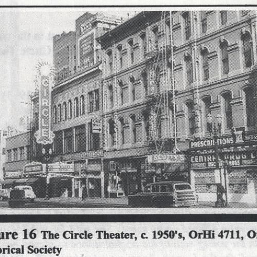 Black and white image of the circle theater's exterior.