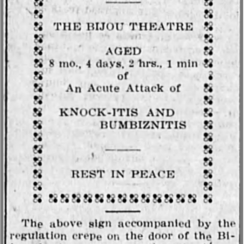 Bijou Theatre closing ad, 1906