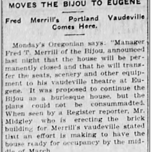 Moves the Bijou to Eugene, 1905