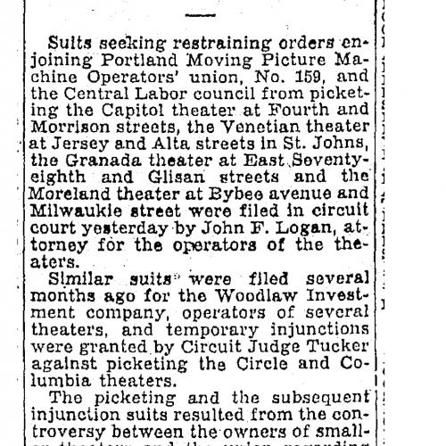 News clipping describing first restraining order filed by theaters