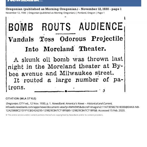 Short news clipping about stink bomb thrown in Moreland Theater