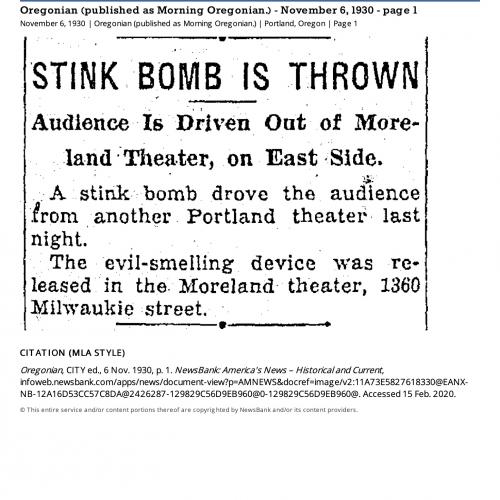 Short news clipping about stink bomb thrown in Moreland Theater