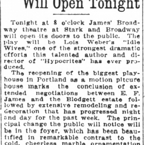 Broadway Theatre Will Open Tonight, advertisement, The Oregon Daily Journal, December 23, 1916: 2. oregonnews.uoregon.edu