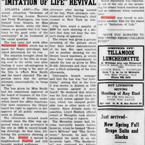 Article from Portland Inquirer expressing racisim when banning a film called "Imitation of Life". The film is contraversial and is about a daughter who creates bonds in the Negro community. 