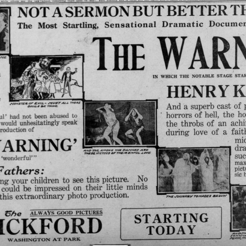 Ad for "The Warning" that uses reviews, film stills and detailed descriptions.