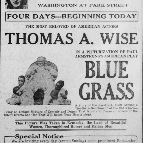 Ad for the showing of "Blue Grass" that also includes a new sweepstakes for a free party at the theater for a guest and 8 others.
