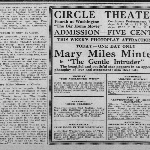 Advertisement and article discussing the hit acts showcased at the Circle Theater