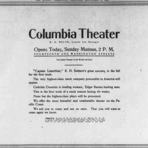 Close-up of Columbia Theater grand opening advertisement