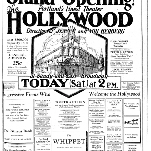 Advertisement for the grand opening of The Hollywood Theater