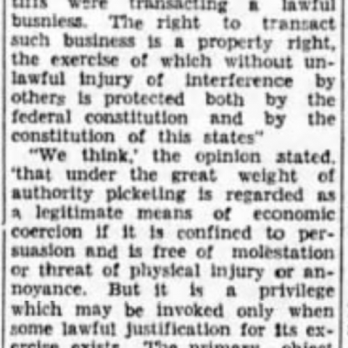 News clipping describing the court decision against the union to stop picketing
