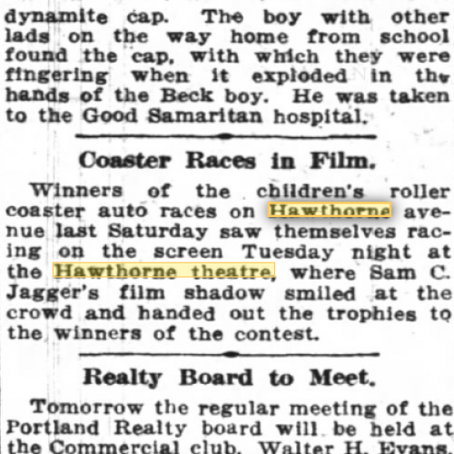 The Hawthorne exhibits locals kid's "coaster race" winners. 1914.