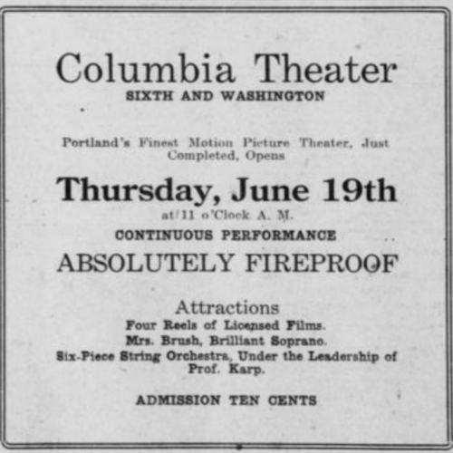 Advertisement from the Sunday Oregonian stating that the theater is absolutely fireproof