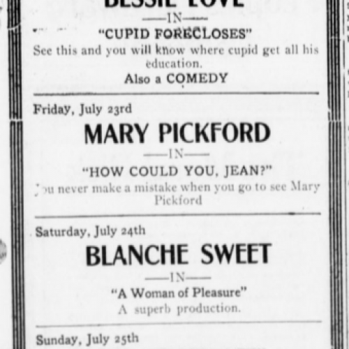 The Gazette Times, "Star Theatre Showings." July 20th, 1920. P1.