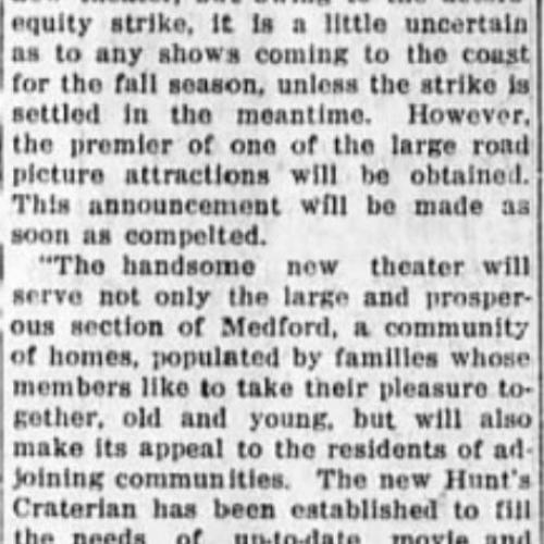 Craterian theater to open news item, 1924