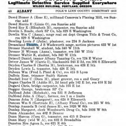 City directory listing of the Dreamland theater, 1913