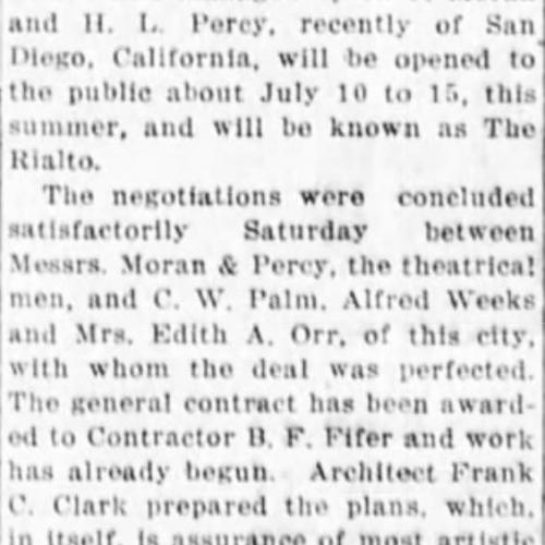 Rialto theater is opening news item, 1917