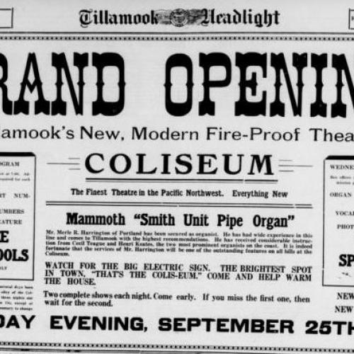 Grand opening ad for the Coliseum, 1923