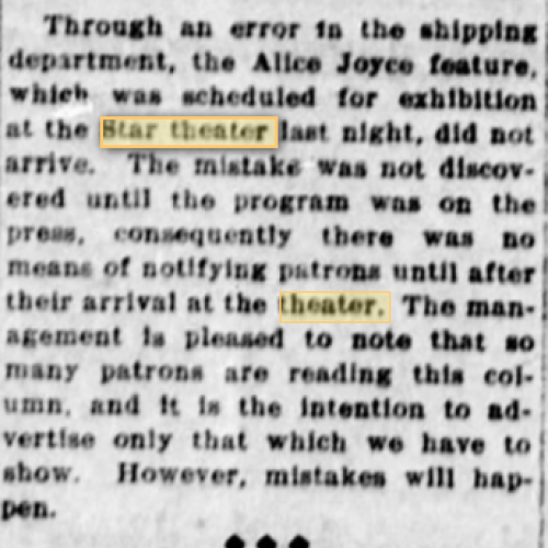 Shipping error at the Star theater, 1914