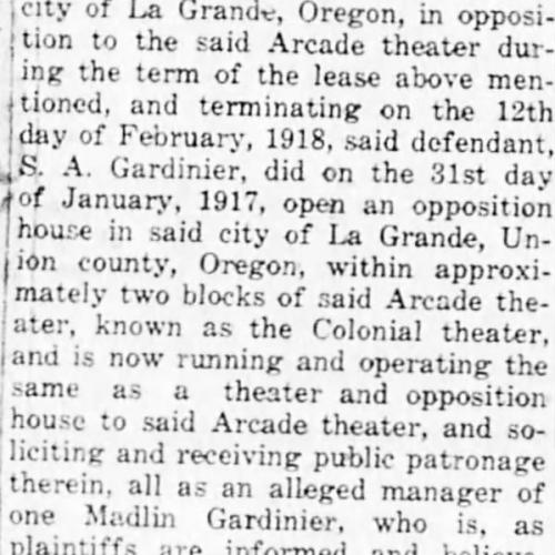 Clip from Colonial theater lawsuit indicating its opening date, 1917