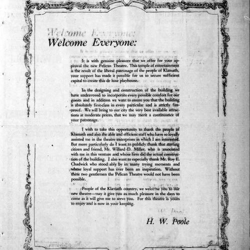 Welcome from Harry Poole, 1929