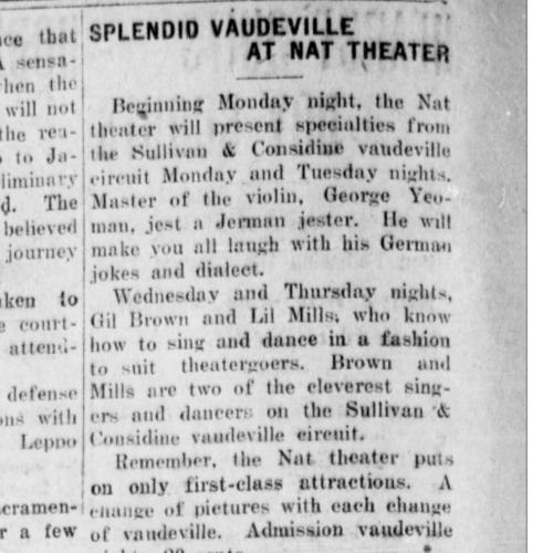 Vaudeville at the Nat theater, 1910
