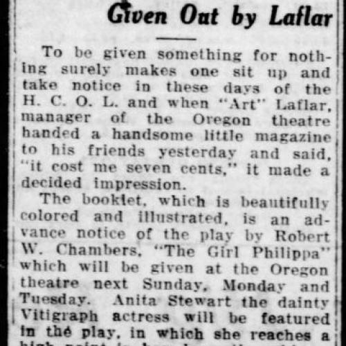 Promotional strategy from the Oregon theater, 1927