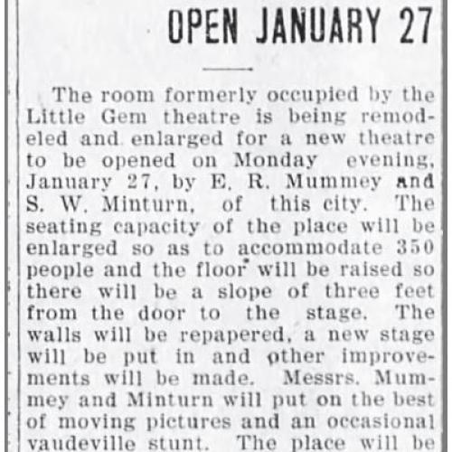 Little Gem closed, re-opens as the Orpheum, 1908