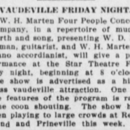 This ad lets people know about a Vaudeville show at The Star.