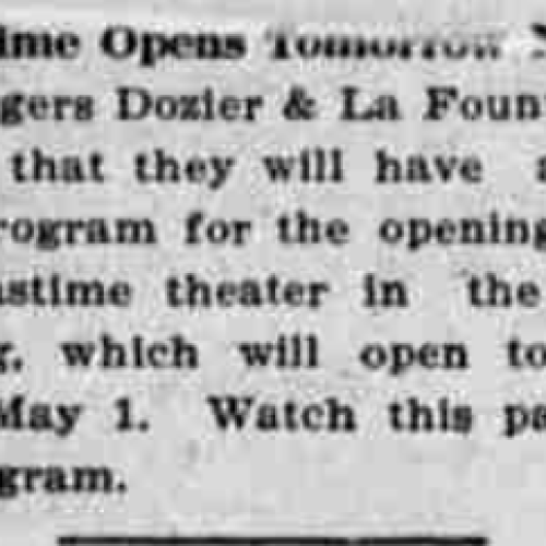 Newspaper article for the opening of the Pastime Theater