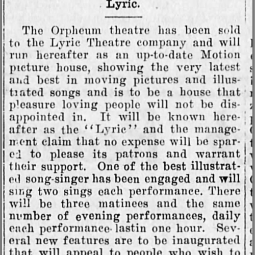 A snippet of the Lyric theater opening being described in a newpaper