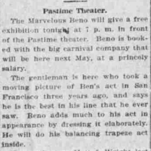 Advertisement for a Marvelous Beno Act at The Pastime Theater