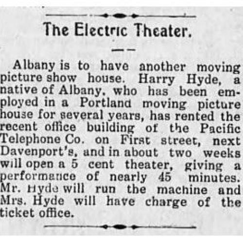 Newspaper ad clipping promoting the Grand opening of The Electric Theatre