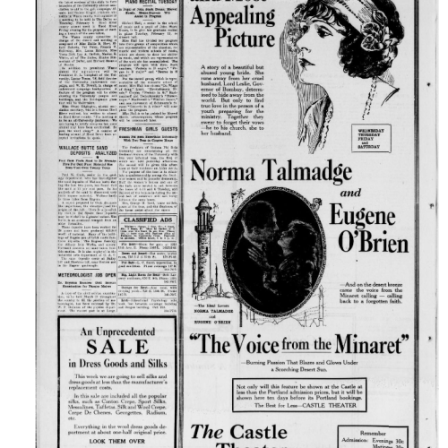 An ad describing the current showing at Castle Theater, 1923