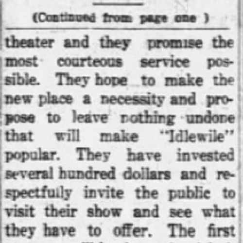 Page two of a newspaper article announcing the opening of the Idlewile in Corvallis on September 3rd, 1910