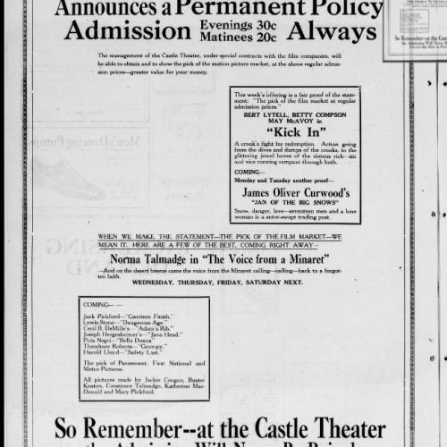Newspaper Ad in the Daily Emerald for the Castle Theater, Eugene Or, 1923