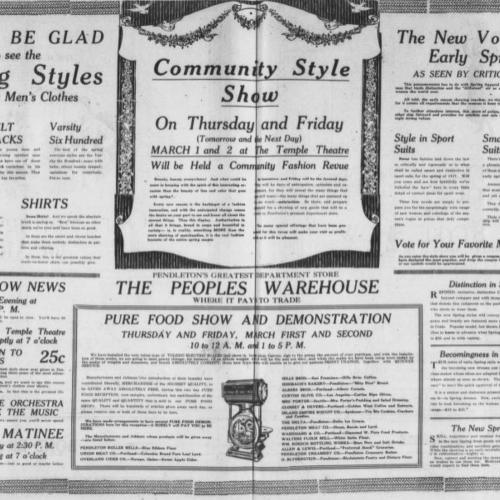 Newspaper advertisement for a community style show modeling clothes to be held at the Temple Theatre.