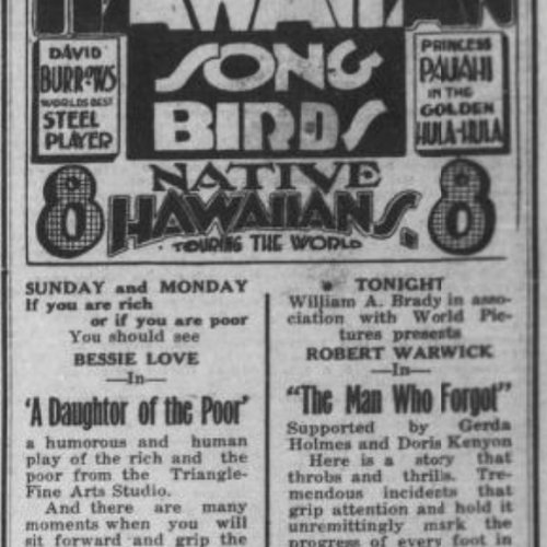 Temple Theatre program advertisement for various shows including the Royal Hawaiian Sing Birds touring band.