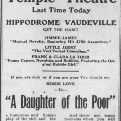 Advertisement for the final hippodrome vaudeville show at the Temple Theatre, days before the theatre was renamed as the Arcade Theatre.