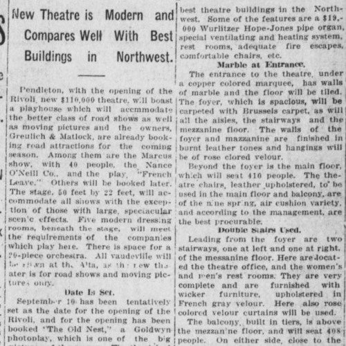 "OPENING OF RIVOLI THEATRE GIVES CITY PLAYHOUSE TO ACCOMMODATE GOOD ROAD SHOWS"