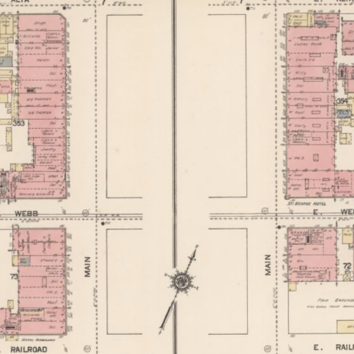 Sanborn fire insurance map focusing on Main st., Temple Theatre believed to be located in the Hotel at address number 600.