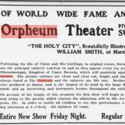 Advertisement for the Orpheum Theater and the  Plays that will be having for the next five nights 