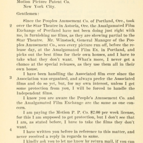 Letter from Henry Newman discussing Amalgamated Film Exchange favoritism