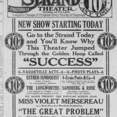 An ad promoting the 4 news shows being played at the Strand Theater, as seen, a theater known for its economic prices for the viewing of all audiences.