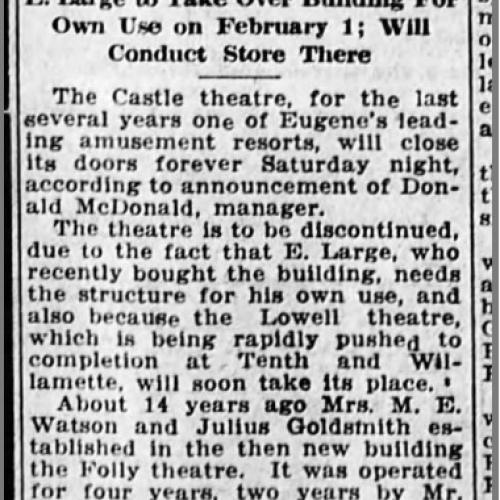 A newspaper article discussing the future plans of the closing Castle Theaters, 1925
