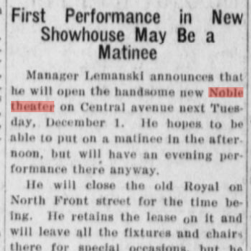 Advertisement for New Noble Theater, as a 'replacement' of the Royal Theater