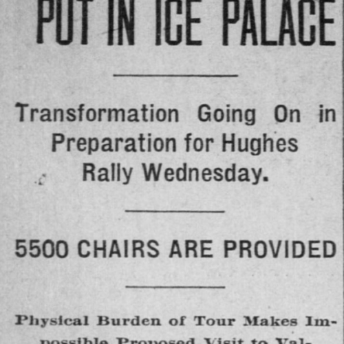 Ad saying 10,000 seats have been set up at the Ice Palace for a political rally.